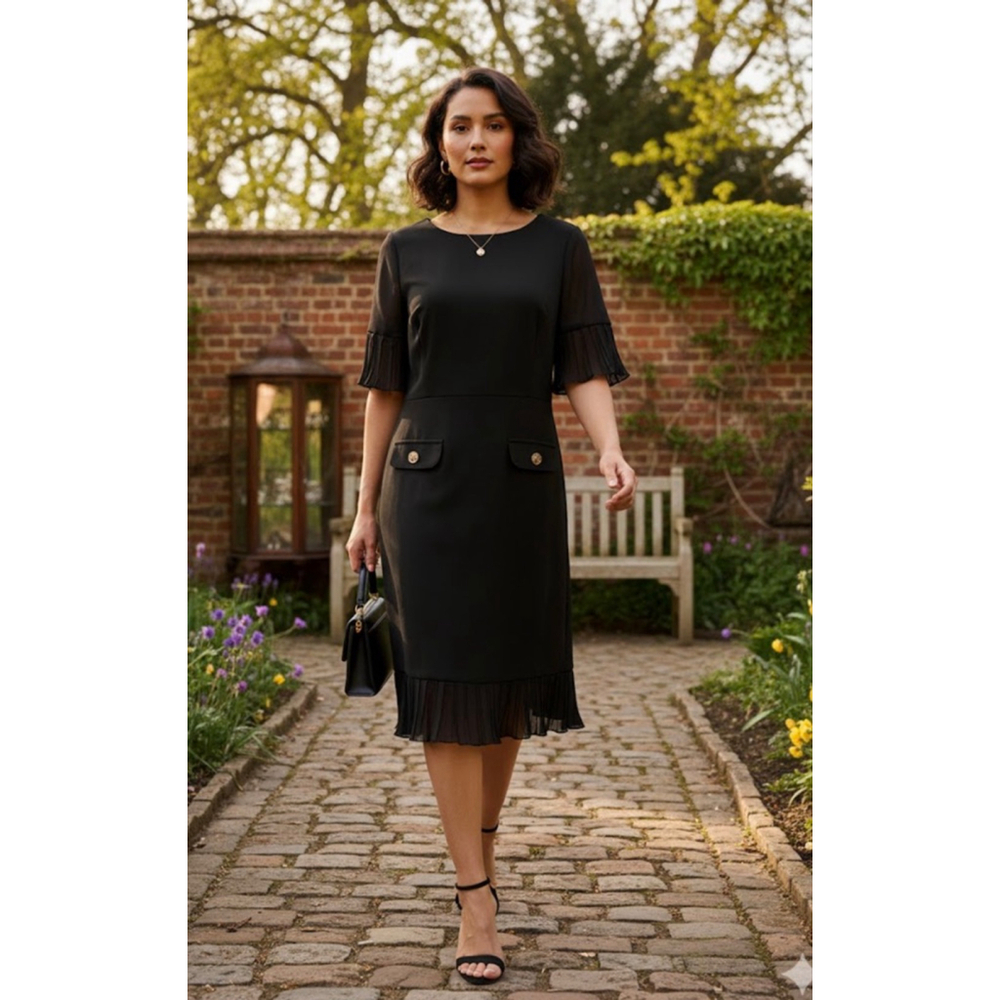 Glamour Black Cocktail Dress Size 10 Pleated Ruffle Sleeve